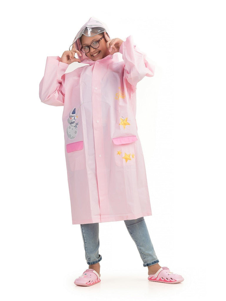 Full view of Yellow Bee girls' pink raincoat with astronaut and star graphics.