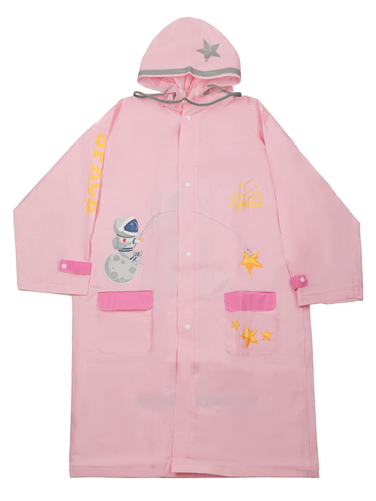 Front view of Yellow Bee girls' pink raincoat with astronaut and star graphics.
