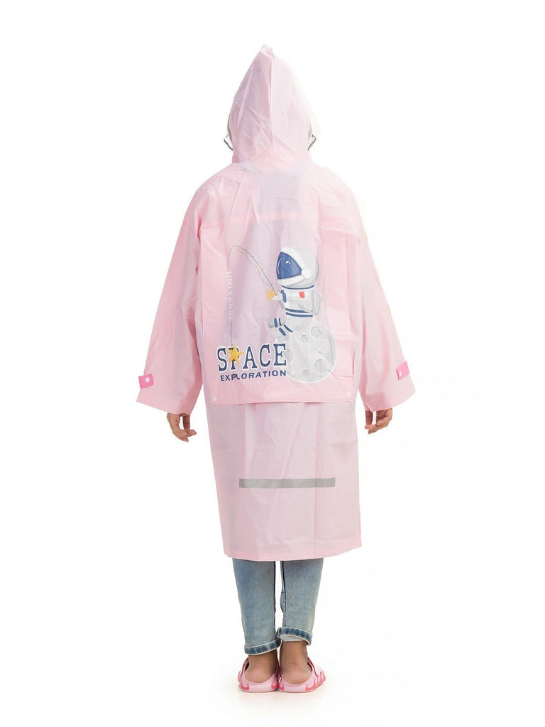 Back view of Yellow Bee girls' pink raincoat with astronaut and star graphics.