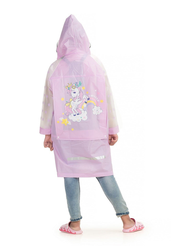 Back view of the Yellow Bee Girls' Purple Enchanted Unicorn Raincoat, displaying the full design with rainbow and stars.