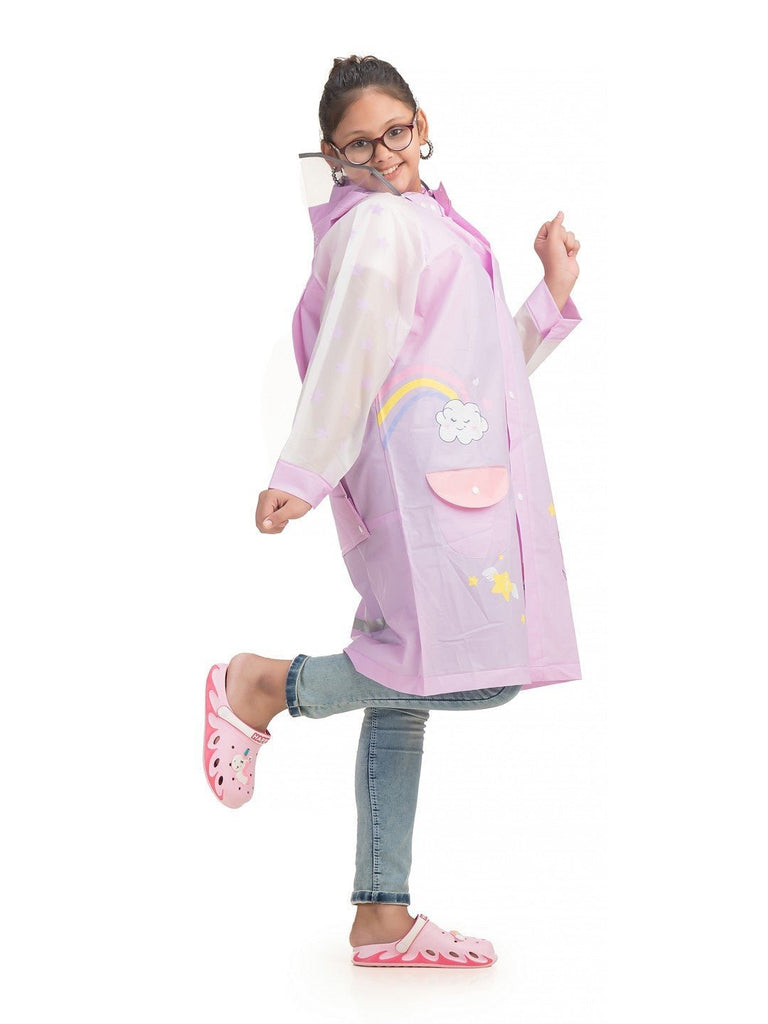 Side view of the Yellow Bee Girls' Purple Enchanted Unicorn Raincoat, displaying the full design with rainbow and stars.