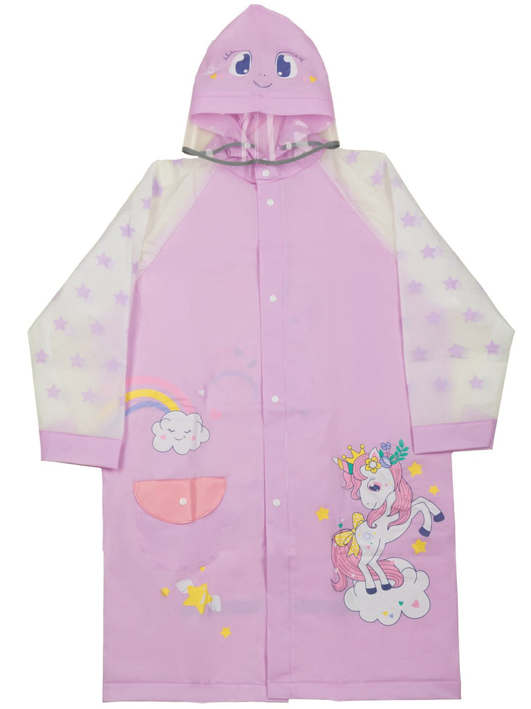 Front view of the Yellow Bee Girls' Purple Enchanted Unicorn Raincoat, displaying the full design with rainbow and stars.