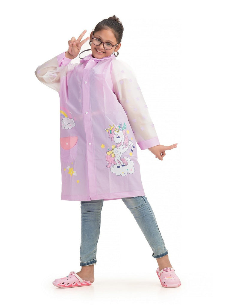 Angle view of the Yellow Bee Girls' Purple Enchanted Unicorn Raincoat, displaying the full design with rainbow and stars.