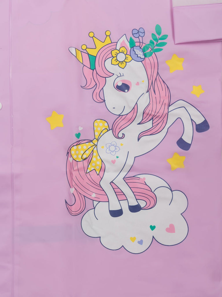 Detailed design of the unicorn on the Yellow Bee Girls' Raincoat, showcasing the whimsical elements and bright colors.