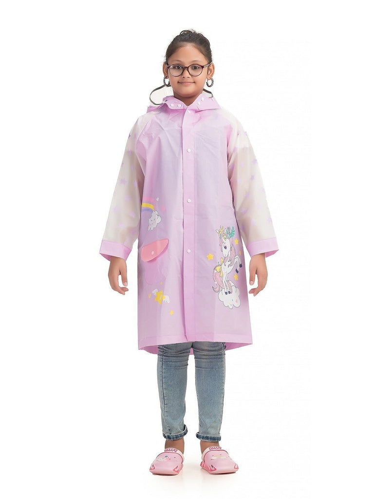 Full view of the Yellow Bee Girls' Purple Enchanted Unicorn Raincoat, displaying the full design with rainbow and stars.