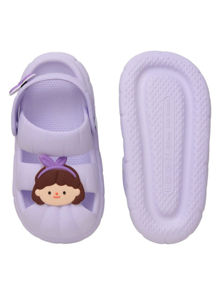 Yellow bee purple cute girl face design sandals top & bottom view.