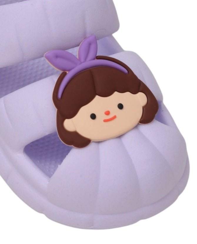 Yellow bee purple cute girl face design sandals close up view.