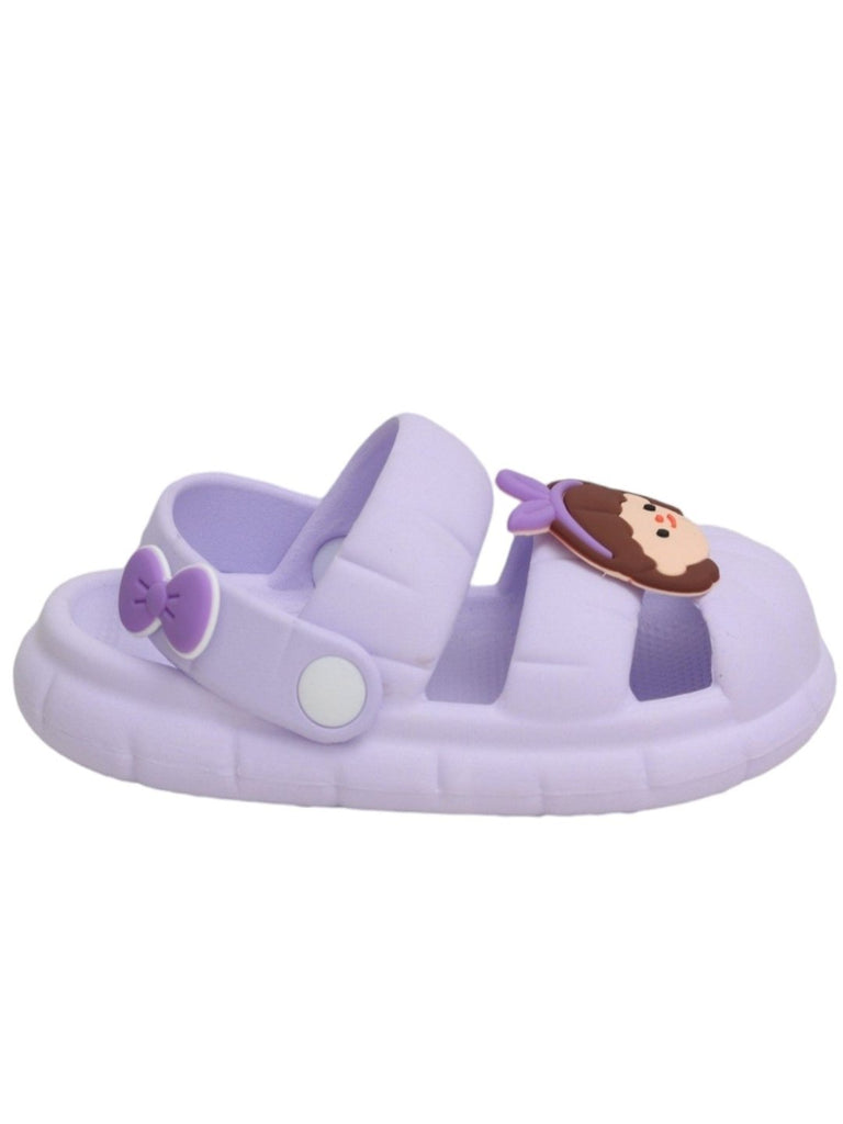 Yellow bee purple cute girl face design sandals side view.