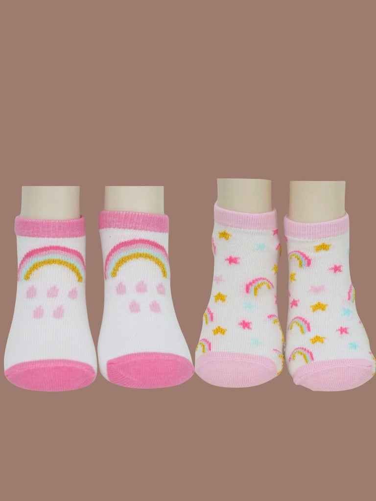 Girls' Rainbow & Clouds Cotton Socks Combo - Pink & White- creative view