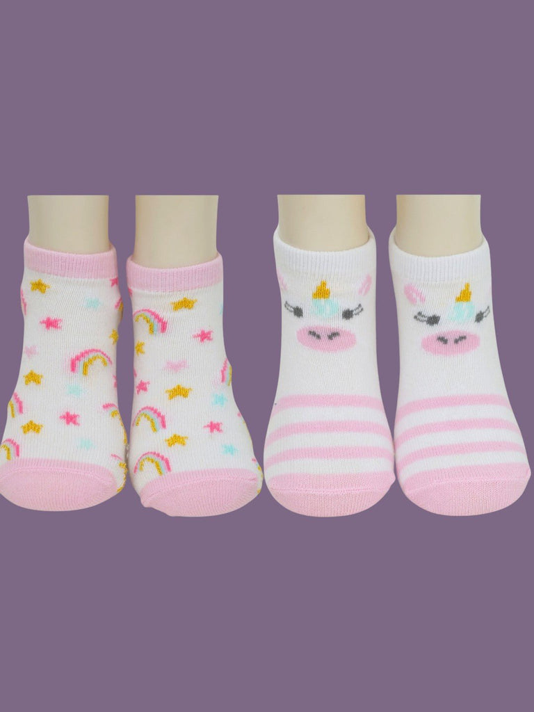 Girls' Rainbow & Unicorn Cotton Socks Combo - Pink & White-Creative View