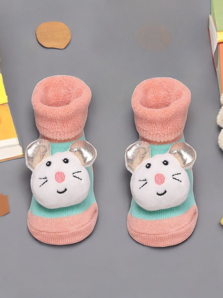 Boy's Soft Mouse Face Booties with Metallic Ear Accents creative view