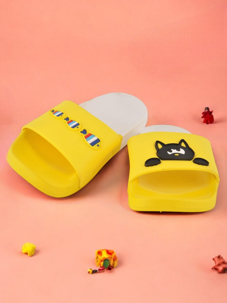 Girls' Sunny Yellow Slippers with Playful Fish and Cat Accents creative view