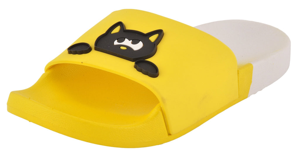 Angled View of Yellow Bee Playful Fish and Cool Cat Theme Slippers for Girls