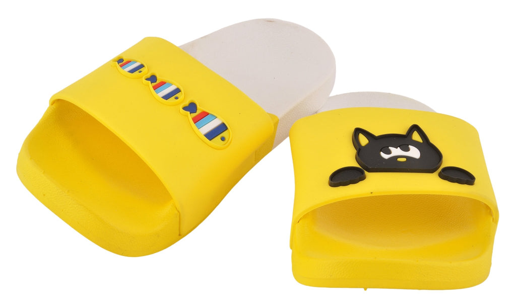 Full View of Yellow Bee Playful Fish and Cool Cat Theme Slippers for Girls