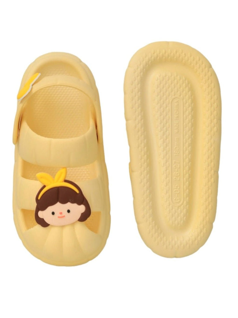 Yellow bee  sandals with cute doll face design top & bottom view.