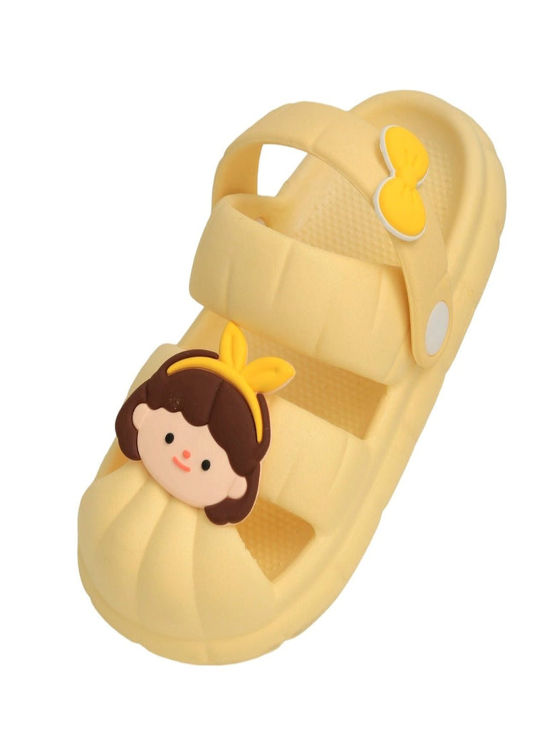 Yellow bee  sandals with cute doll face design angle view.