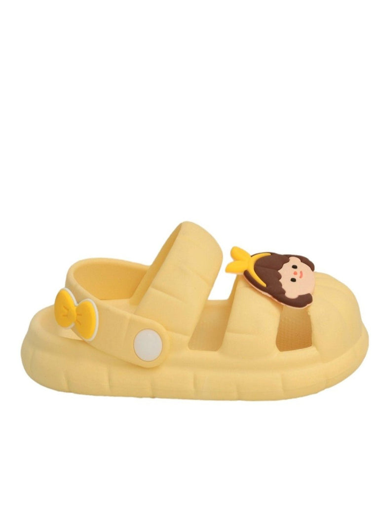 Yellow bee sandals with cute doll face design side view.