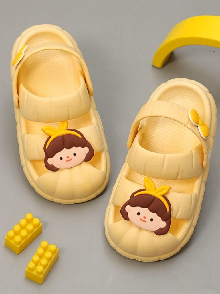 Yellow bee sandals with cute doll face design creative view.