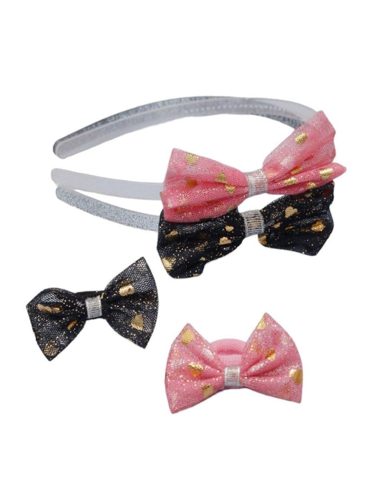 Full view of Yellow Bee's glittering pink and black bow hair accessories set