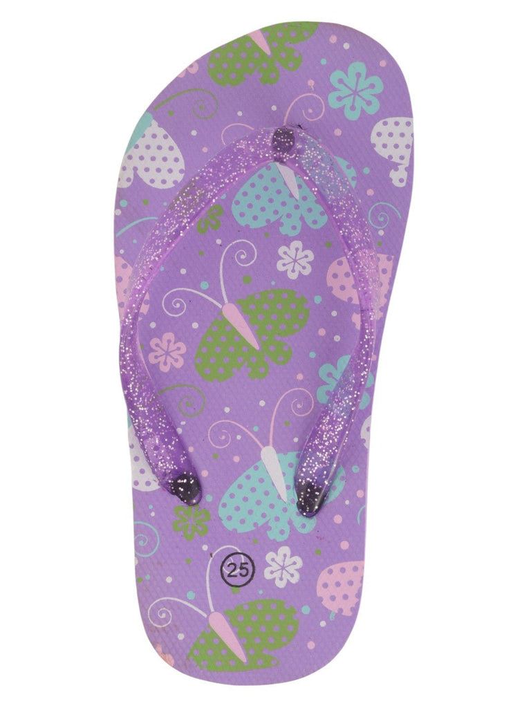 Glittery Butterfly Print Flip-Flops for Girls - Purple front view