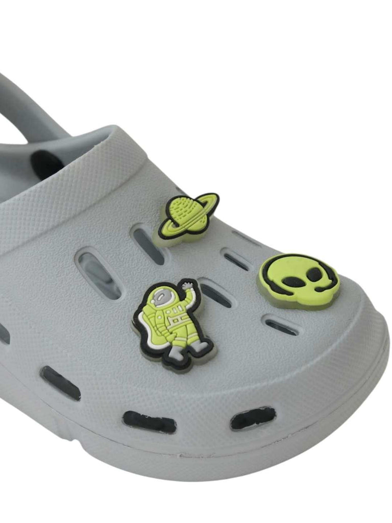 Glow-in-the-Dark Alien & Space Charms Clogs for Boys- Grey-Close up view