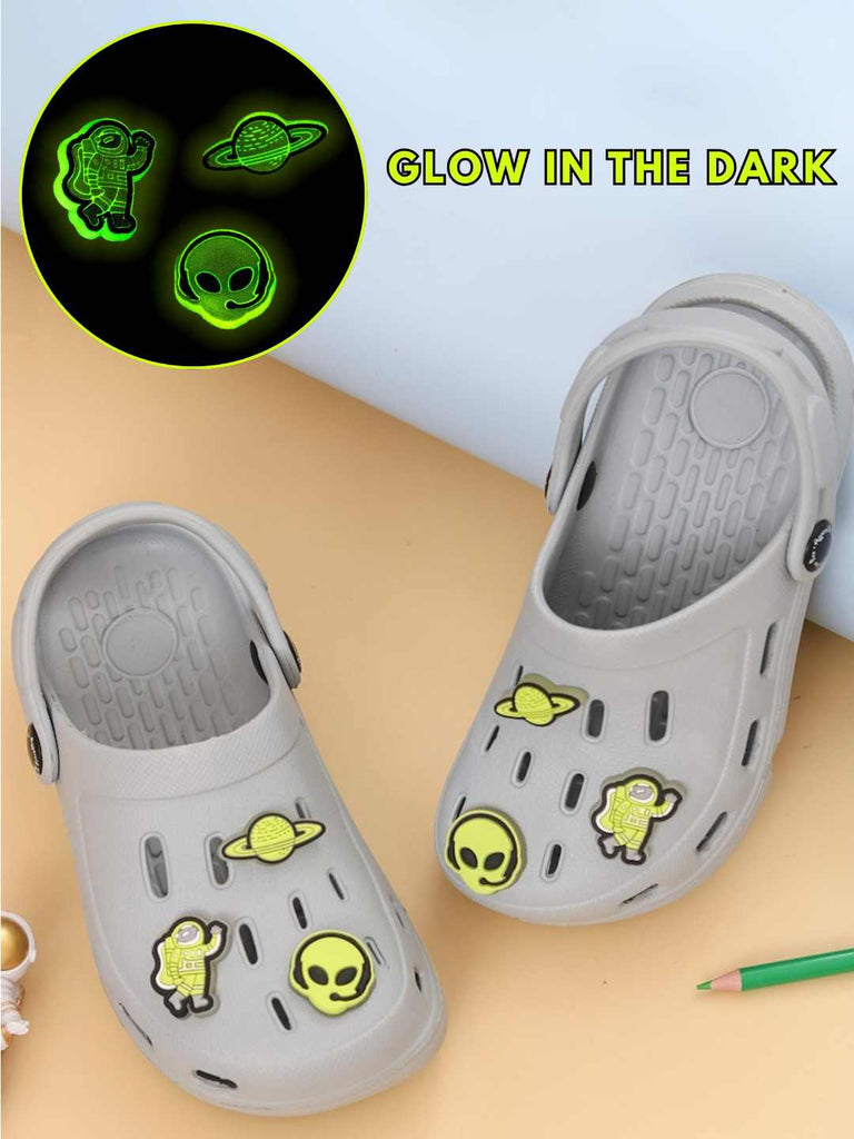 Glow-in-the-Dark Alien & Space Charms Clogs for Boys- Grey-Creative View
