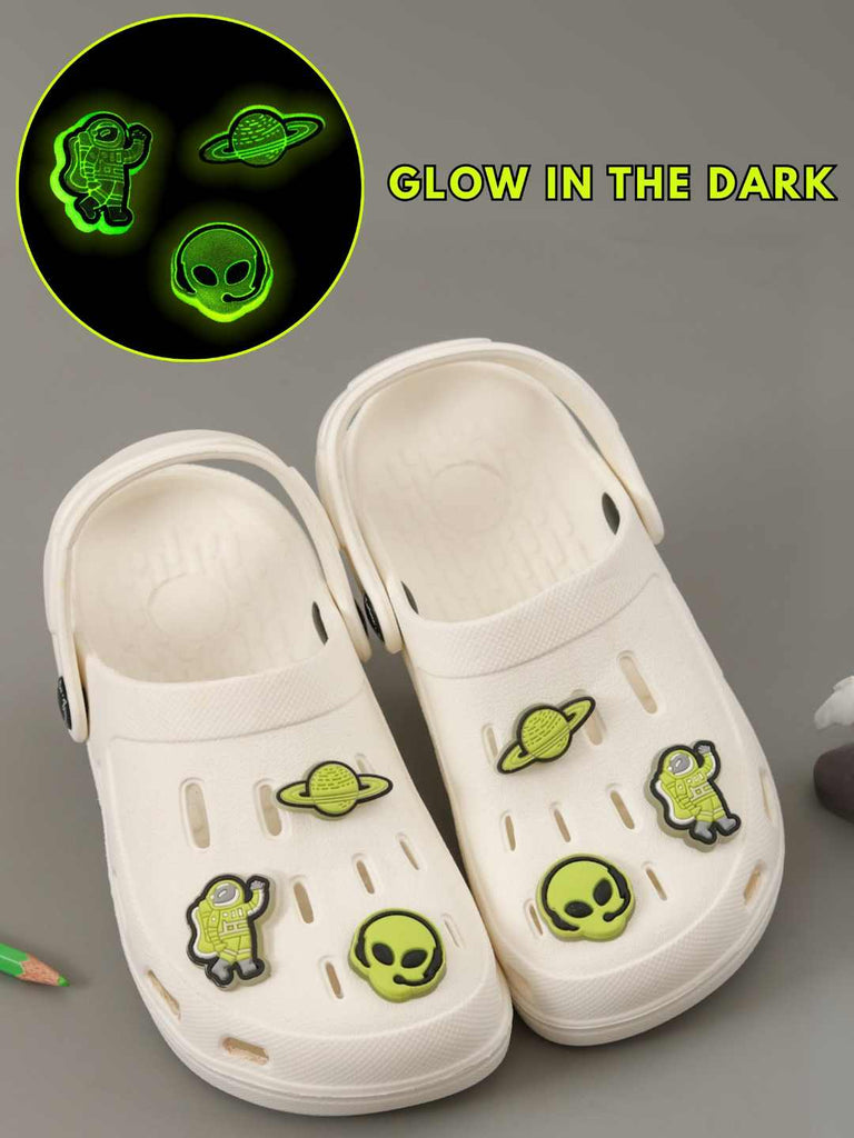 Glow-in-the-Dark Alien & Space Explorer Charms Clogs for Boys-White- Creative View