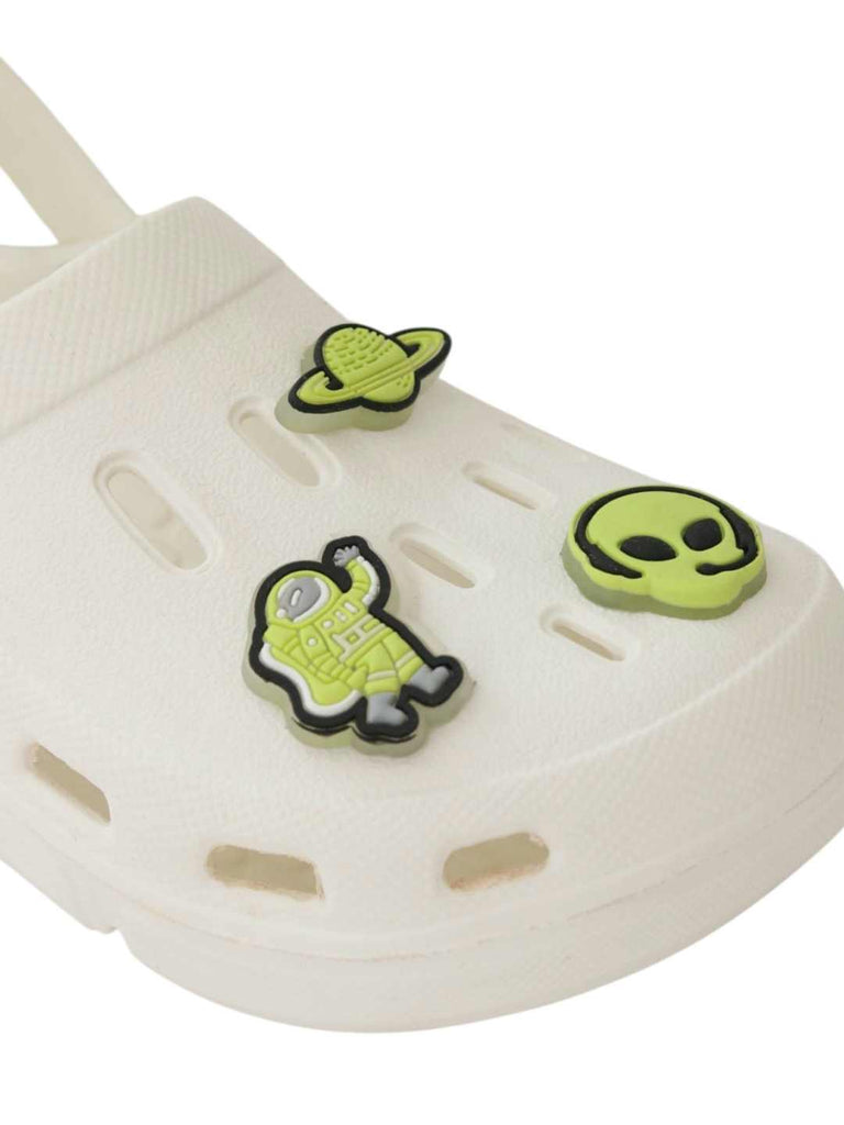 Glow-in-the-Dark Alien & Space Explorer Charms Clogs for Boys-White- Close up view