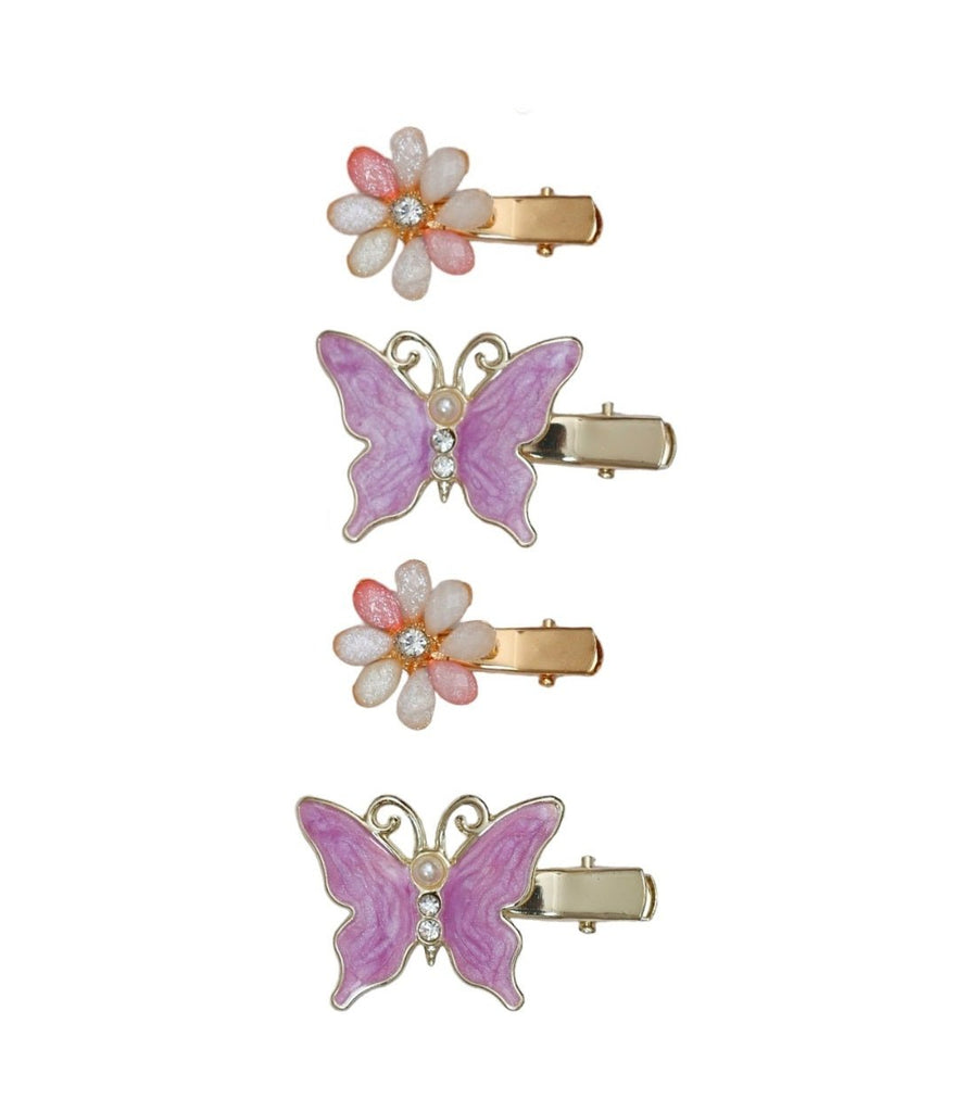 Yellow Bee's butterfly and flower 3D hair clips in purple, white, and pink.