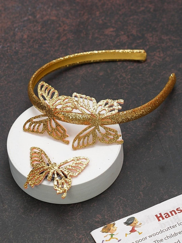  Creative View of Yellow Bee Golden Butterfly Embellished Hairband and Hairclip.