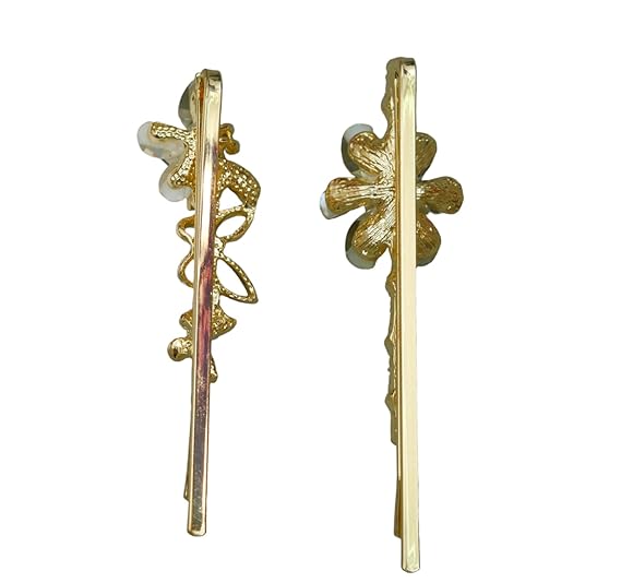 yellow Bee's golden hair clips with white acrylic butterfly and flower design, showcasing the meticulous back view.
