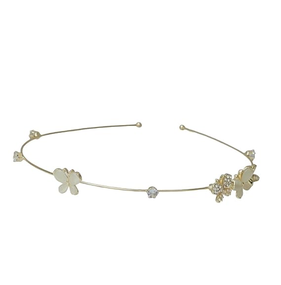yellow Bee's golden hairband with white acrylic butterfly and flower details, showcasing the meticulous craftsmanship and elegant design.