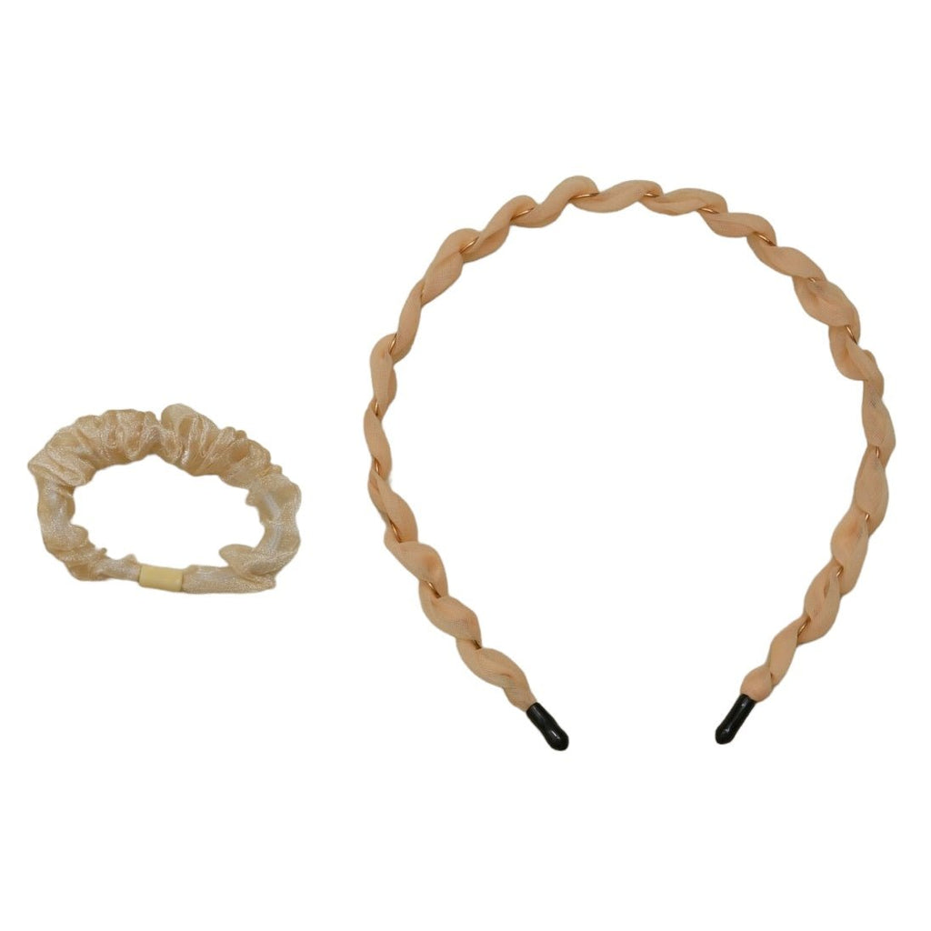 Beige Twisted Hairband and Glossy Scrunchie by Yellow Bee for Children