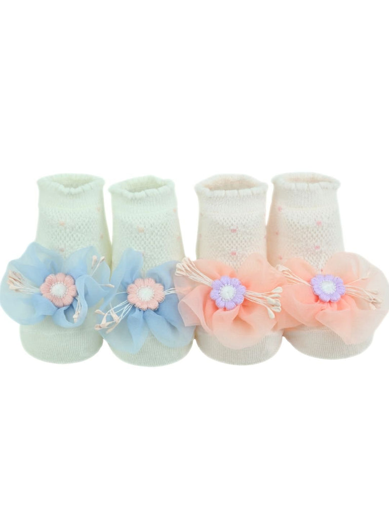 Graceful Baby Socks with 3D Mesh Daisy Flowers for Girls - White & Pink - Front View