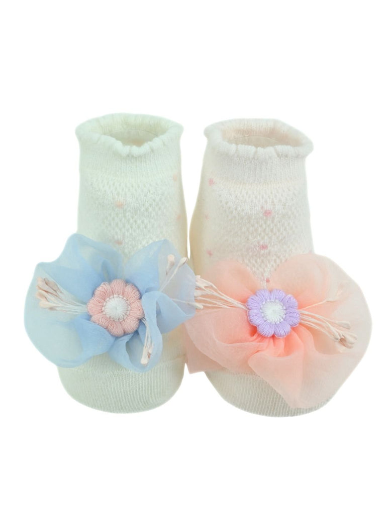 Graceful Baby Socks with 3D Mesh Daisy Flowers for Girls - White & Pink - Single View