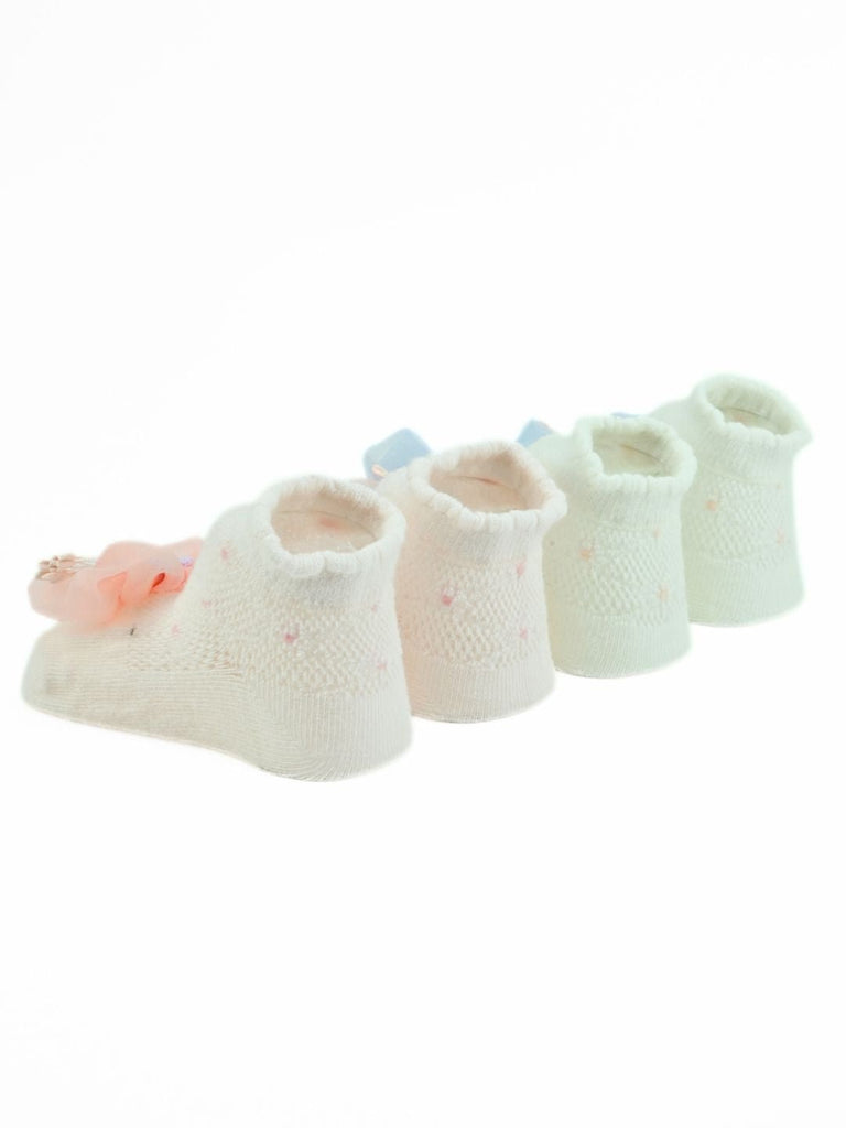 Graceful Baby Socks with 3D Mesh Daisy Flowers for Girls - White & Pink - Back View