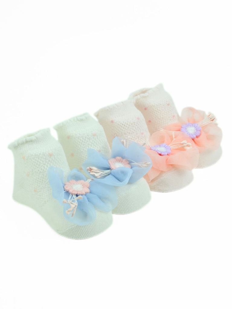 Graceful Baby Socks with 3D Mesh Daisy Flowers for Girls - White & Pink - Angle View