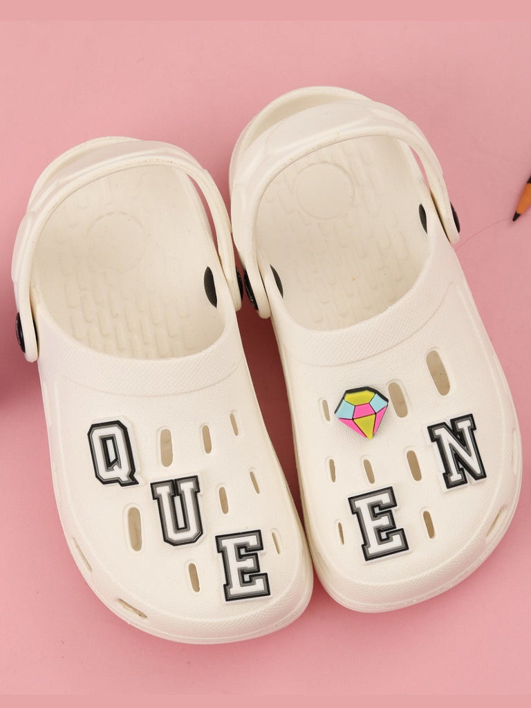 Graceful White Clogs with “QUEEN” Letter & Gem Charms for Girls-Creative View