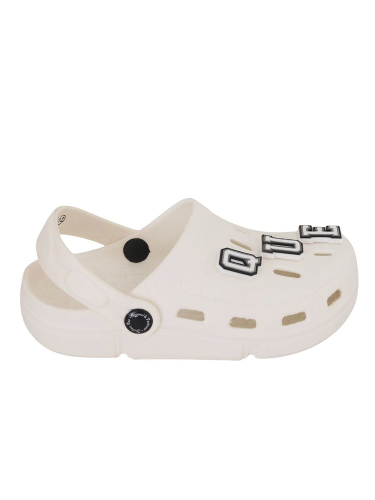 Graceful White Clogs with “QUEEN” Letter & Gem Charms for Girls-Side View