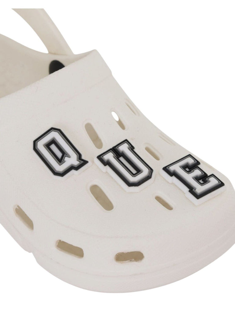Graceful White Clogs with “QUEEN” Letter & Gem Charms for Girls-Close up view