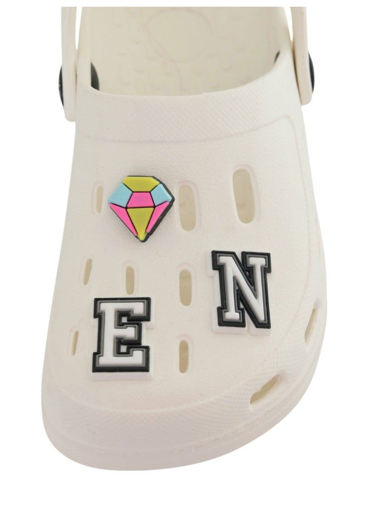 Graceful White Clogs with “QUEEN” Letter & Gem Charms for Girls-Front View