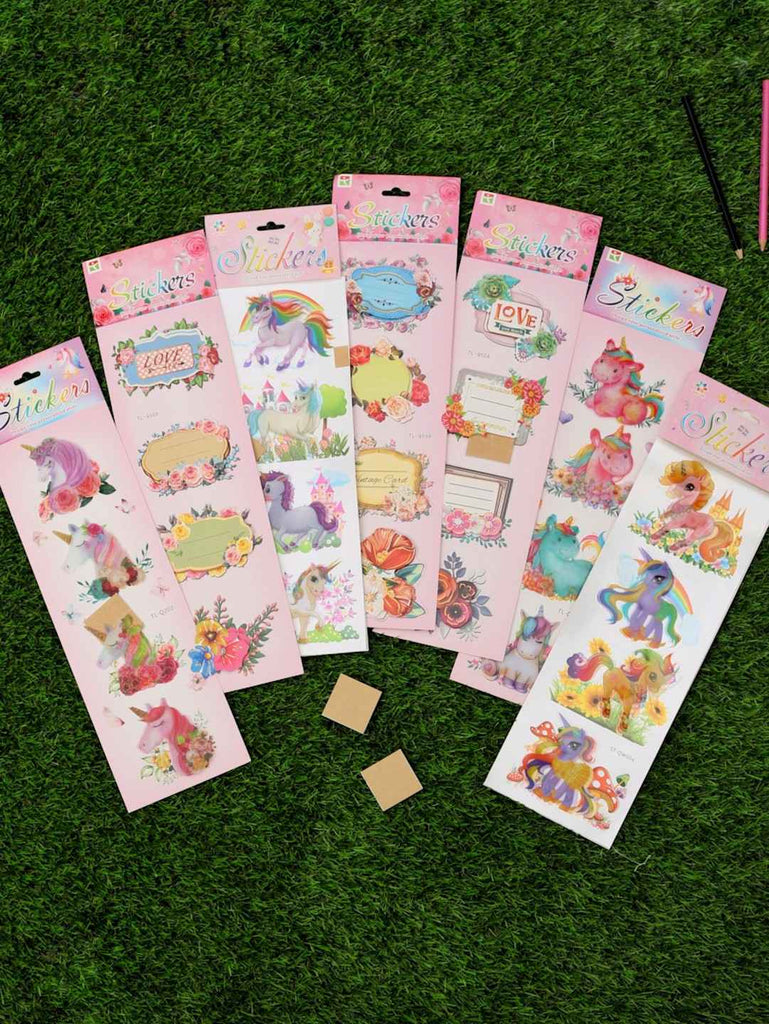 Yellow Bee Greeting Cards and Unicorn 3D Stickers Combo, Multicolor, Pack of 7