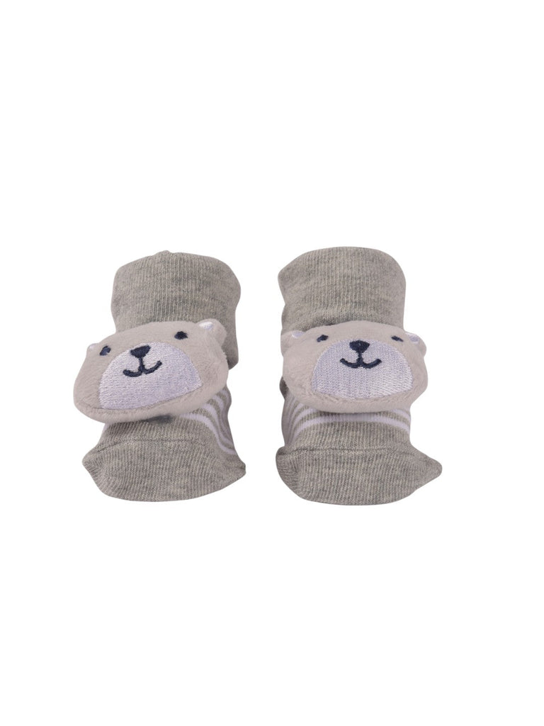 Front view of Grey Baby Booties with 3D Bear Face, featuring the cute bear face and soft fabric for added comfort.