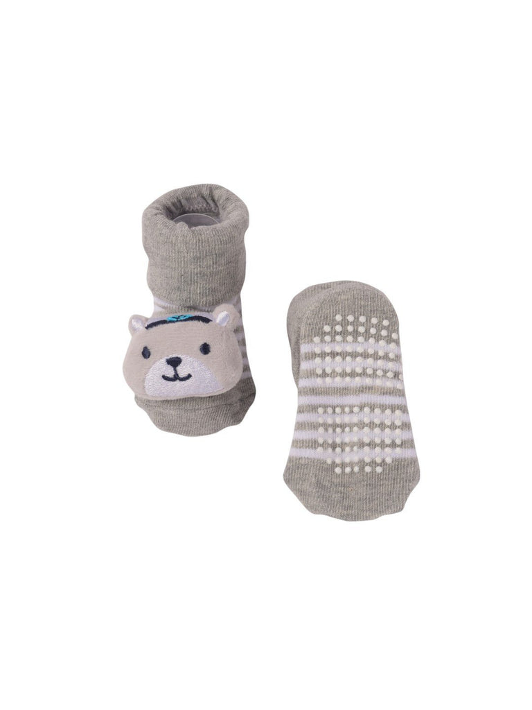 Front and back view of Grey Baby Booties with 3D Bear Face, highlighting the anti-slip soles and snug elastic cuffs.