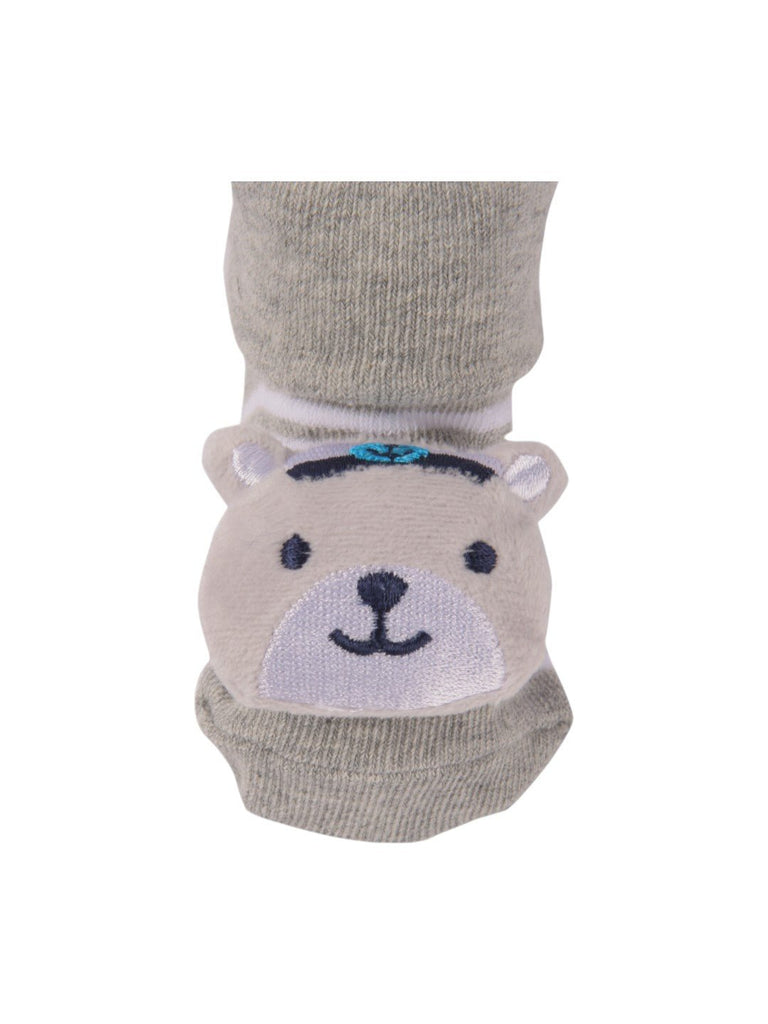 Close-up view of Grey Baby Booties with 3D Bear Face by Yellow Bee, showcasing the soft fabric and adorable bear design.