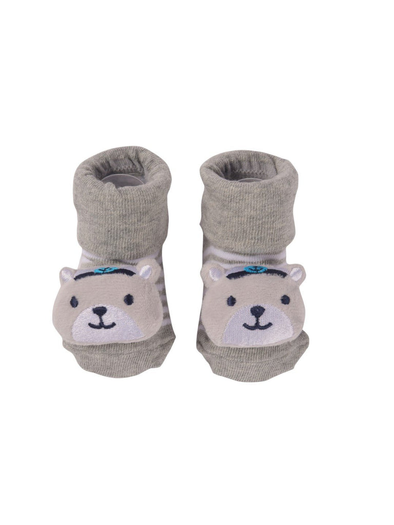 Top view of Grey Baby Booties with 3D Bear Face, showcasing the elastic cuffs and snug fit for baby’s feet.