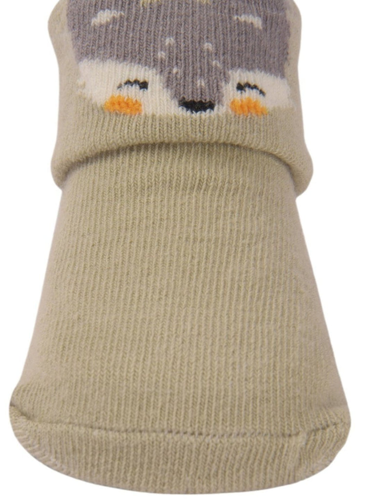  Close-up view of Grey Baby Booties with 3D Fox Face by Yellow Bee, showcasing the soft fabric and adorable fox design.