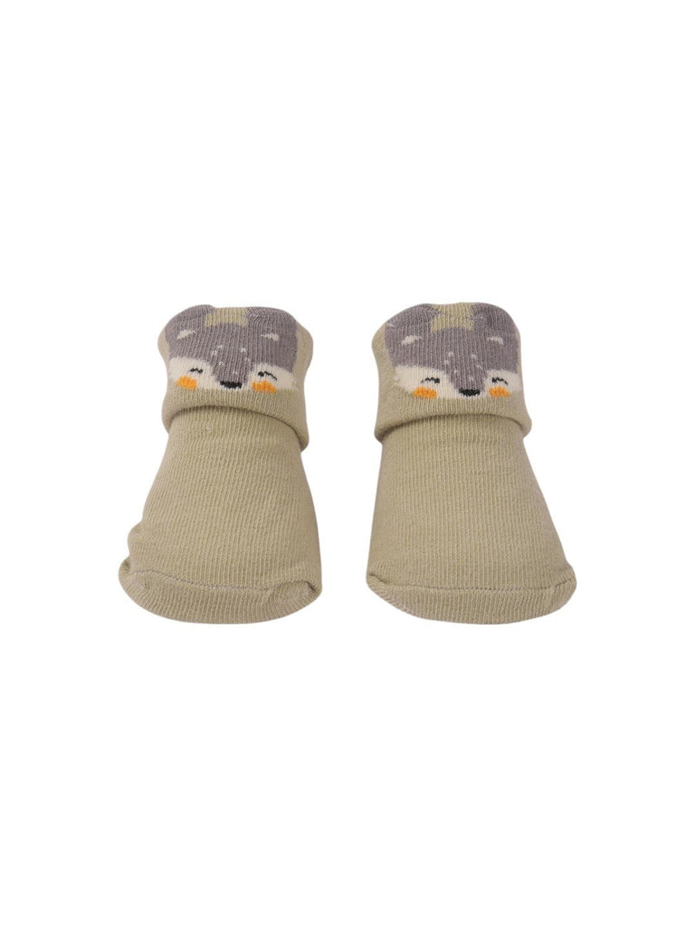 Front view of Grey Baby Booties with 3D Fox Face, featuring a fun fox design and cozy material.