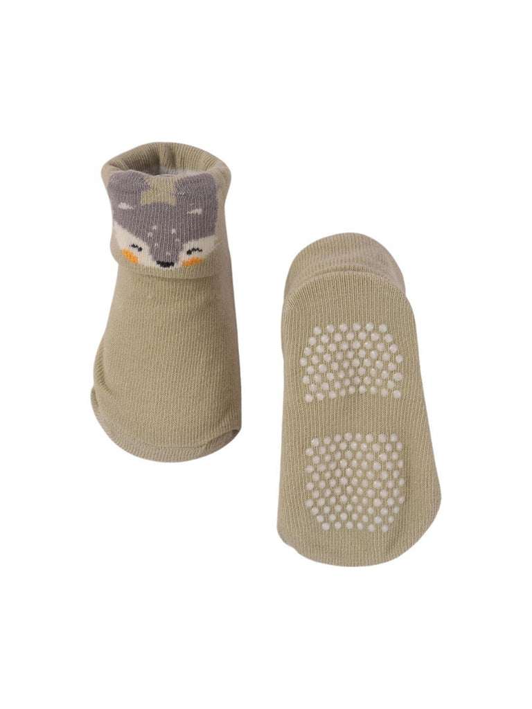 Front and back view of Grey Baby Booties with 3D Fox Face, showcasing the anti-slip soles and snug cuffs.