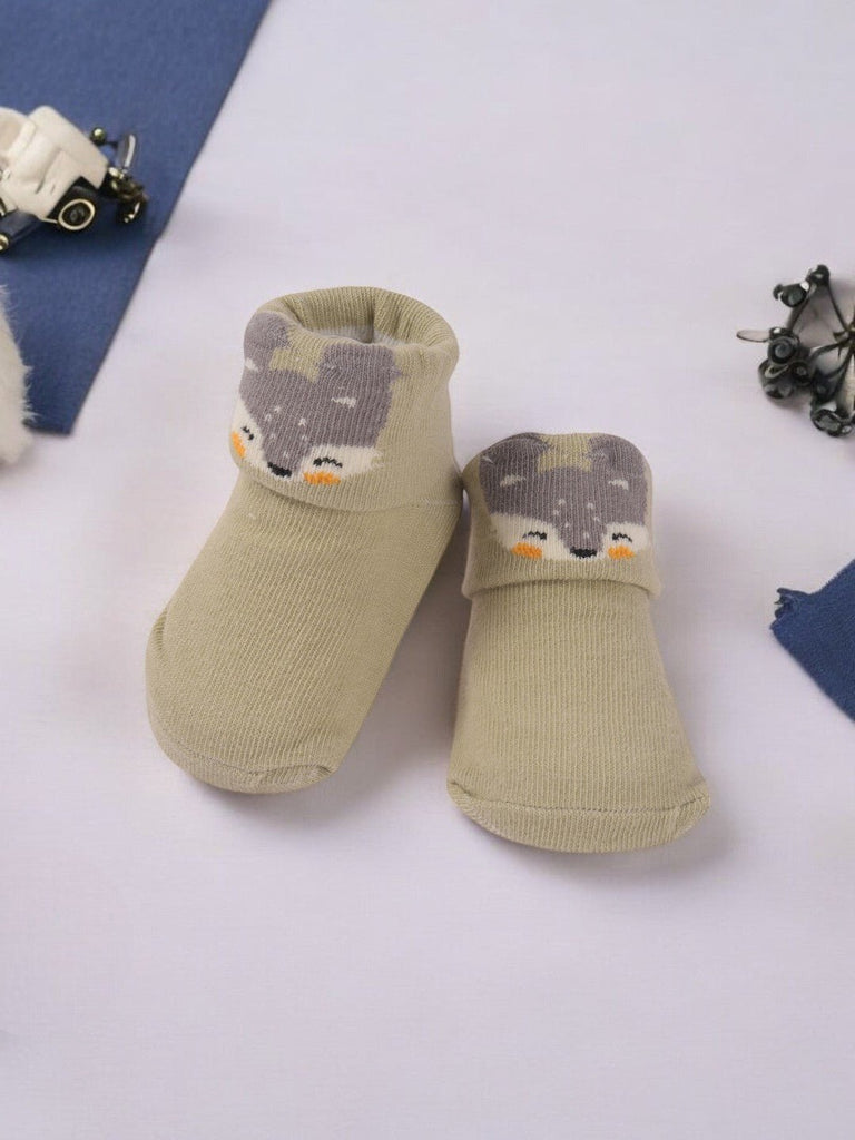 Creative view of Grey Baby Booties with 3D Fox Face, highlighting the playful fox design and soft fabric.